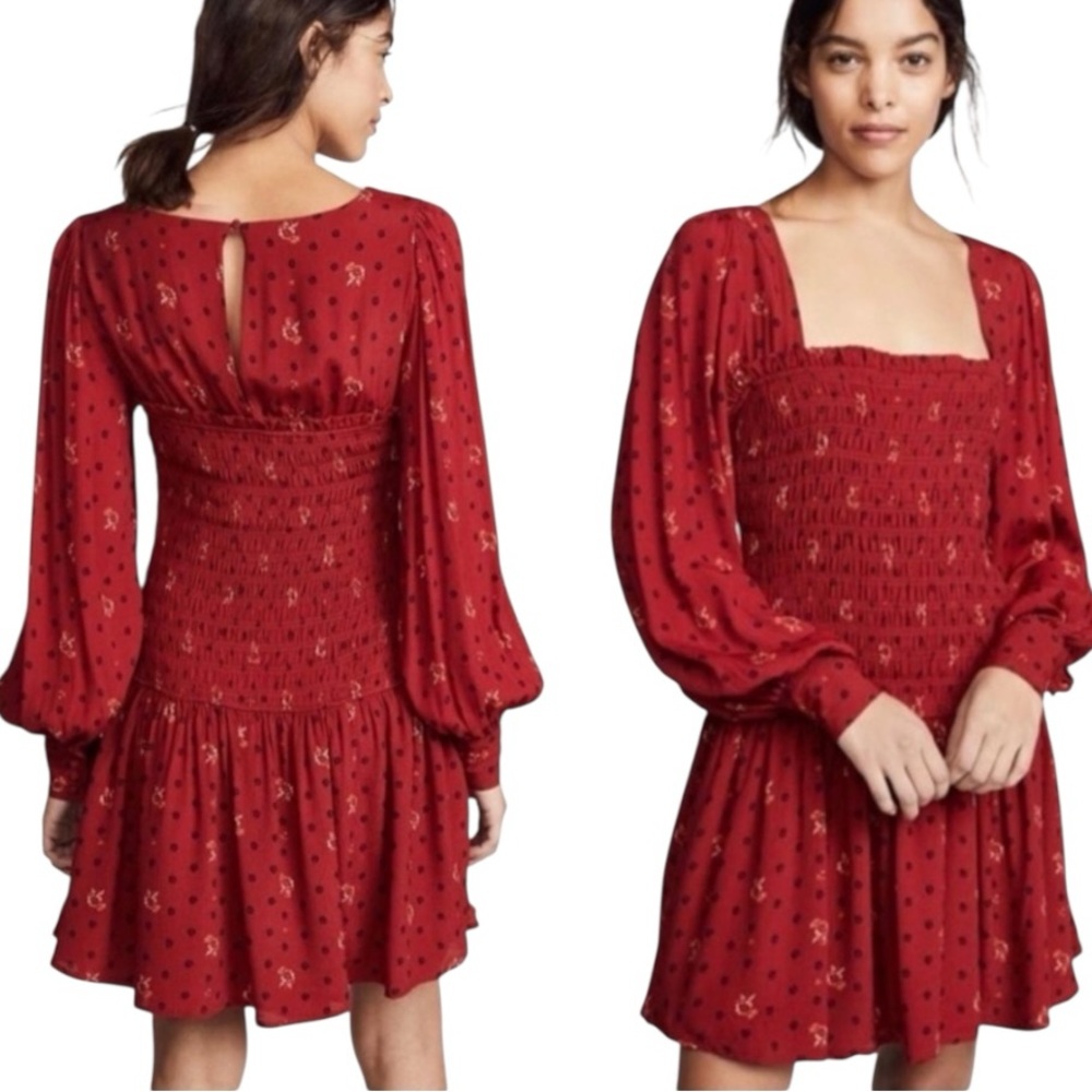 Free People Red Smocked Mini Dress Long Sleeve Square Neck Boho Size M